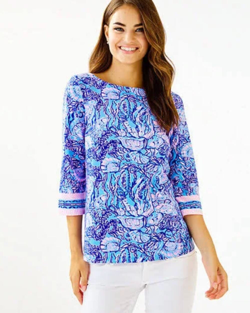 Lilly Pulitzer Waverly 3/4 Sleeve Boatneck Blouse in Horseshoe Bay Blue Top Sz L